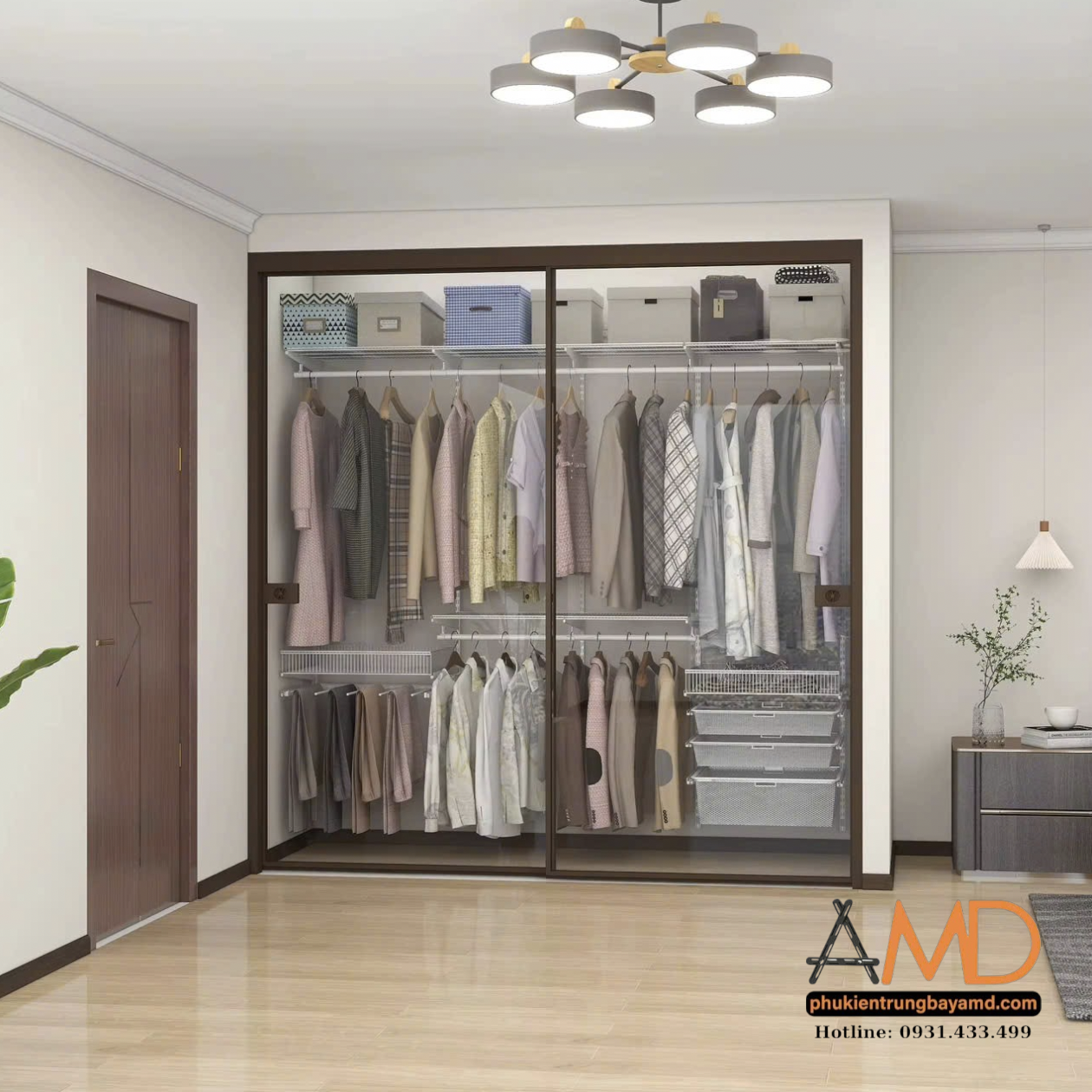 Bộ kệ AMD với tầng rổ chữ nhật ở giữa – Giải pháp sắp xếp linh hoạt và đầy tinh tế